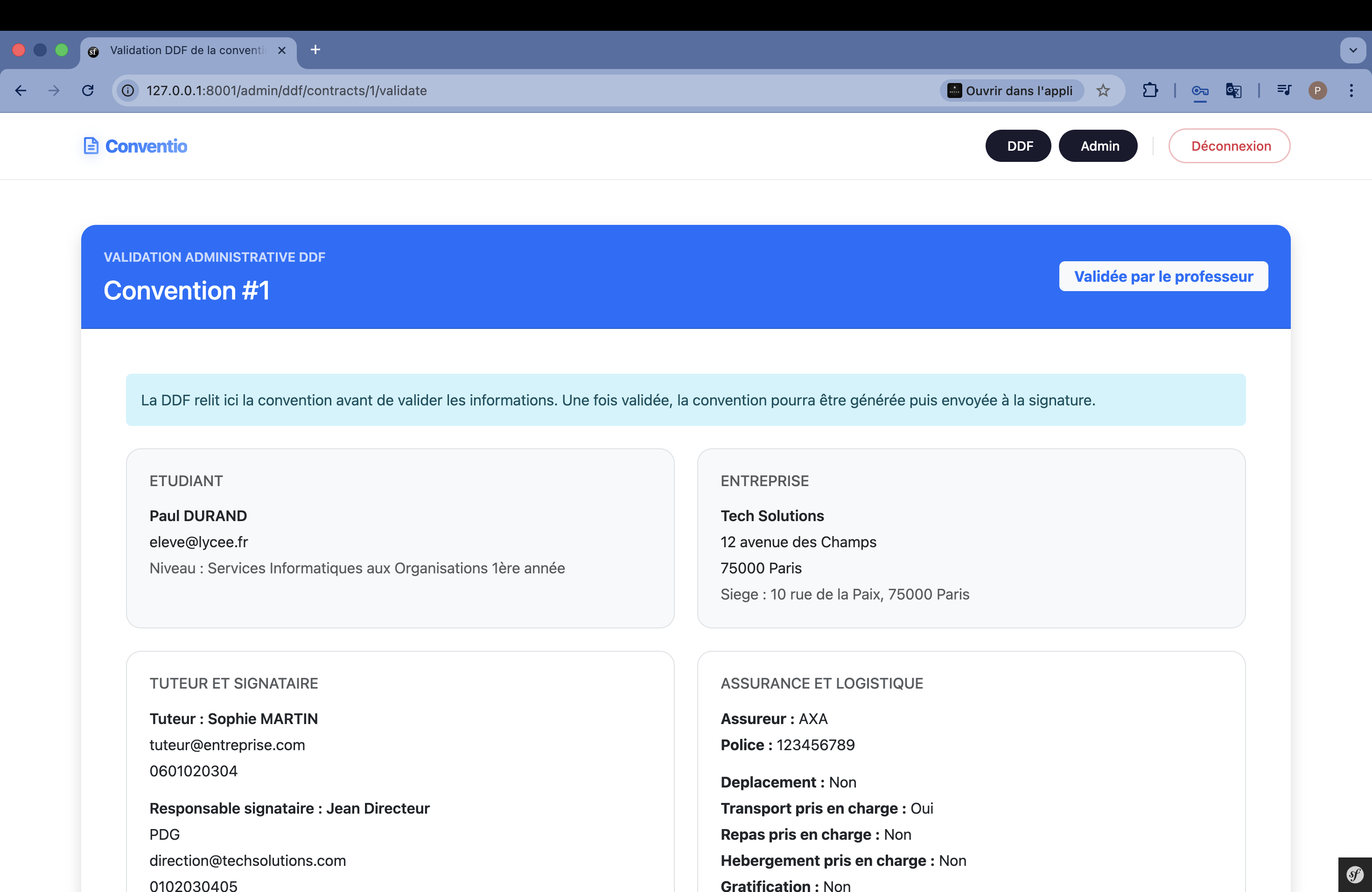 Vue DDF — détail convention