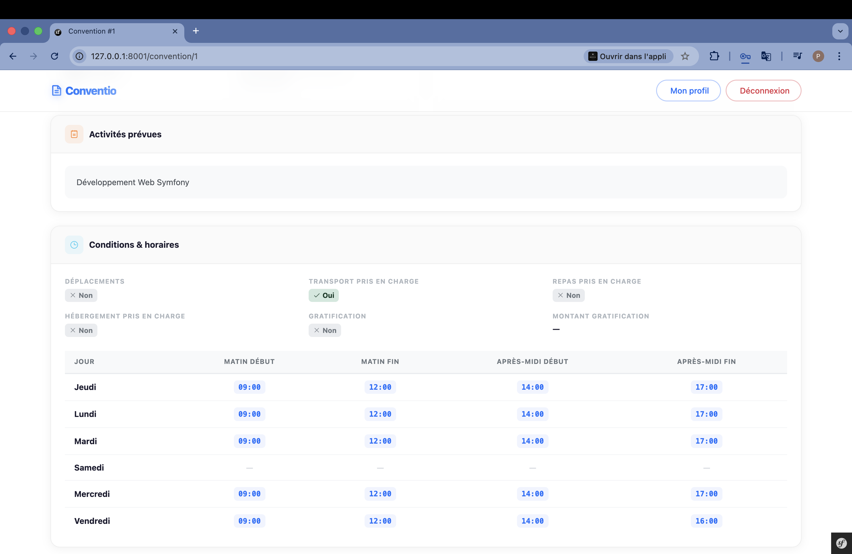Vue étudiant — détail convention