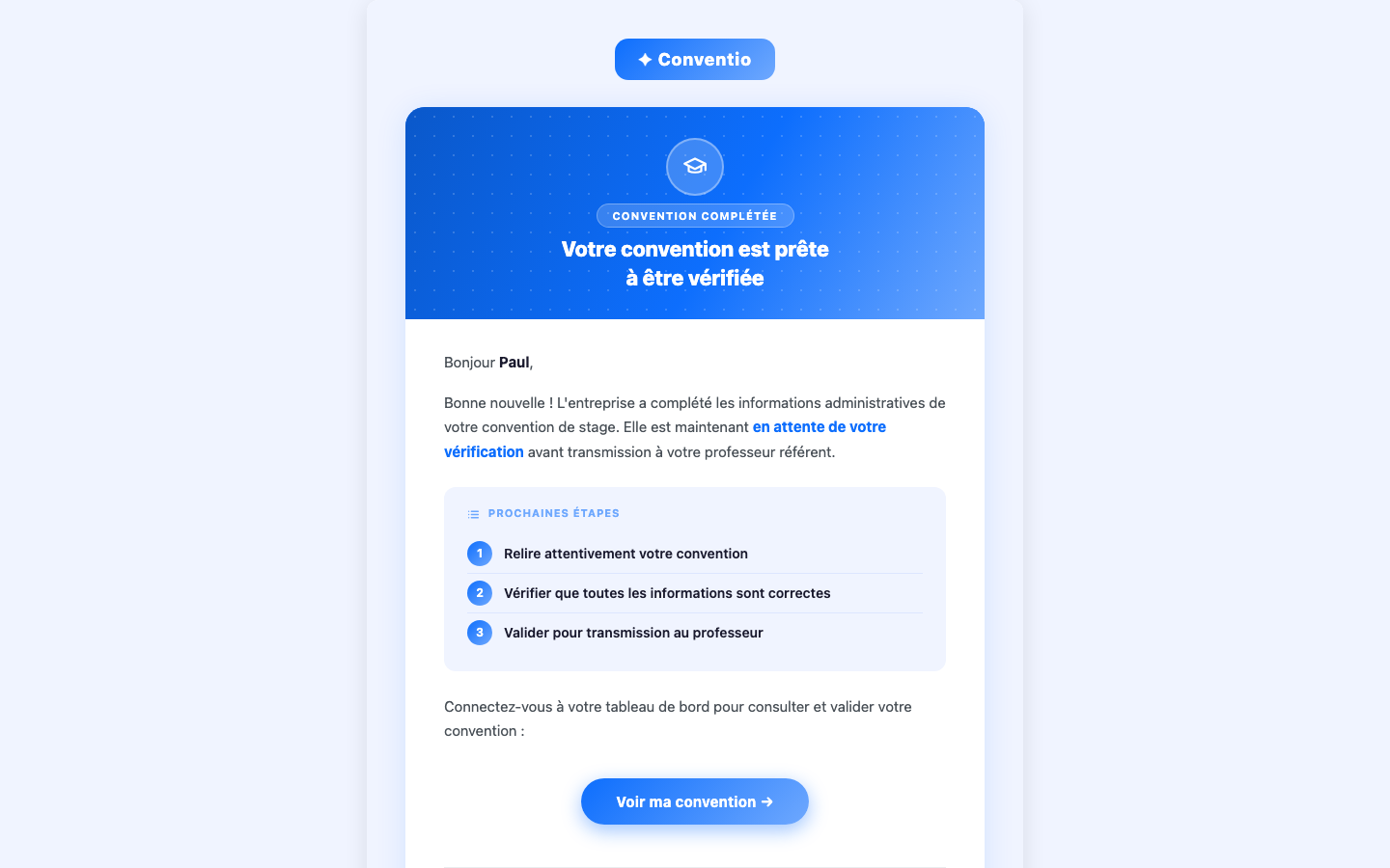 Vue étudiant — email reçu (convention prête à vérifier)