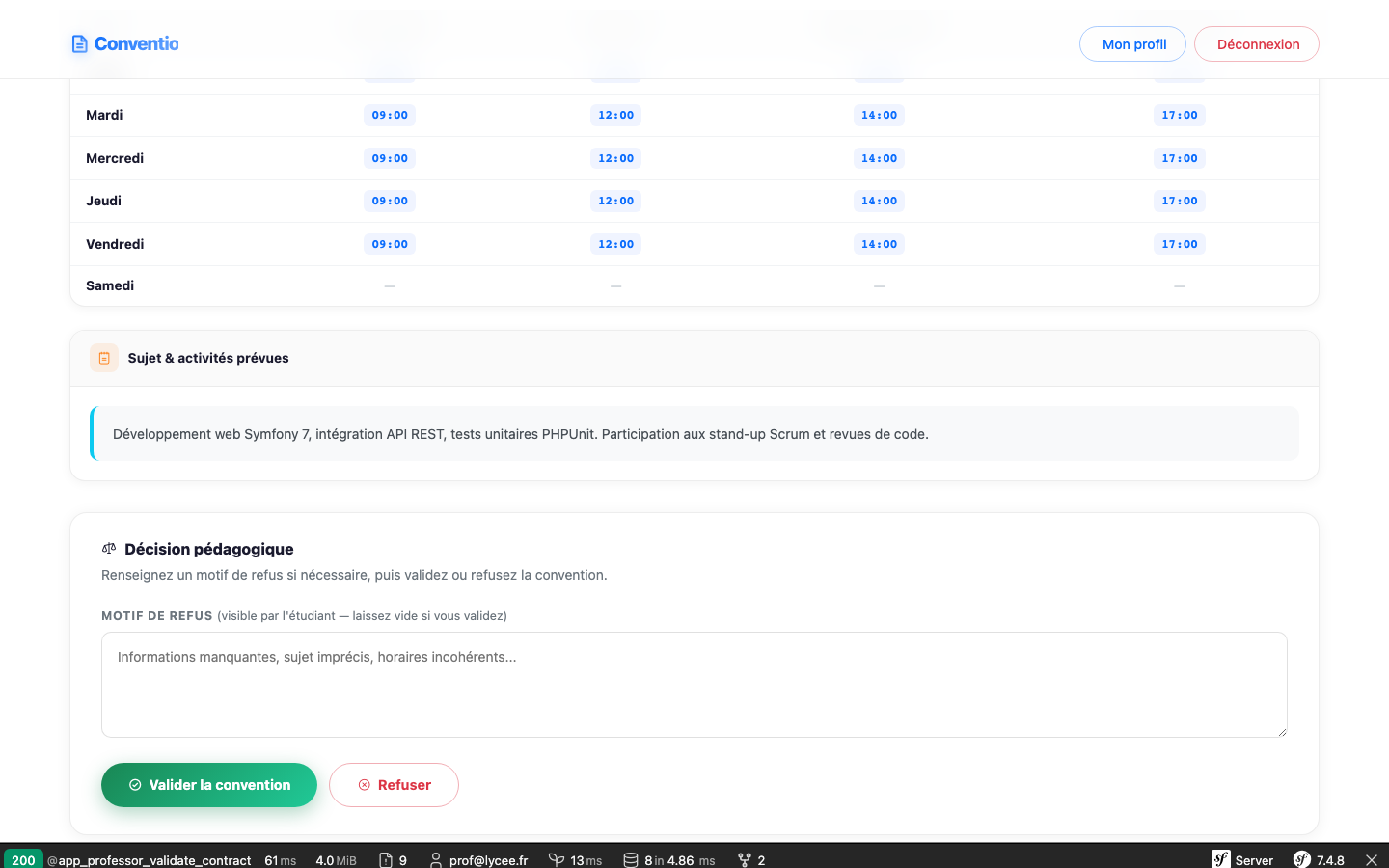 Vue professeur — zone décision (accepter / refuser)