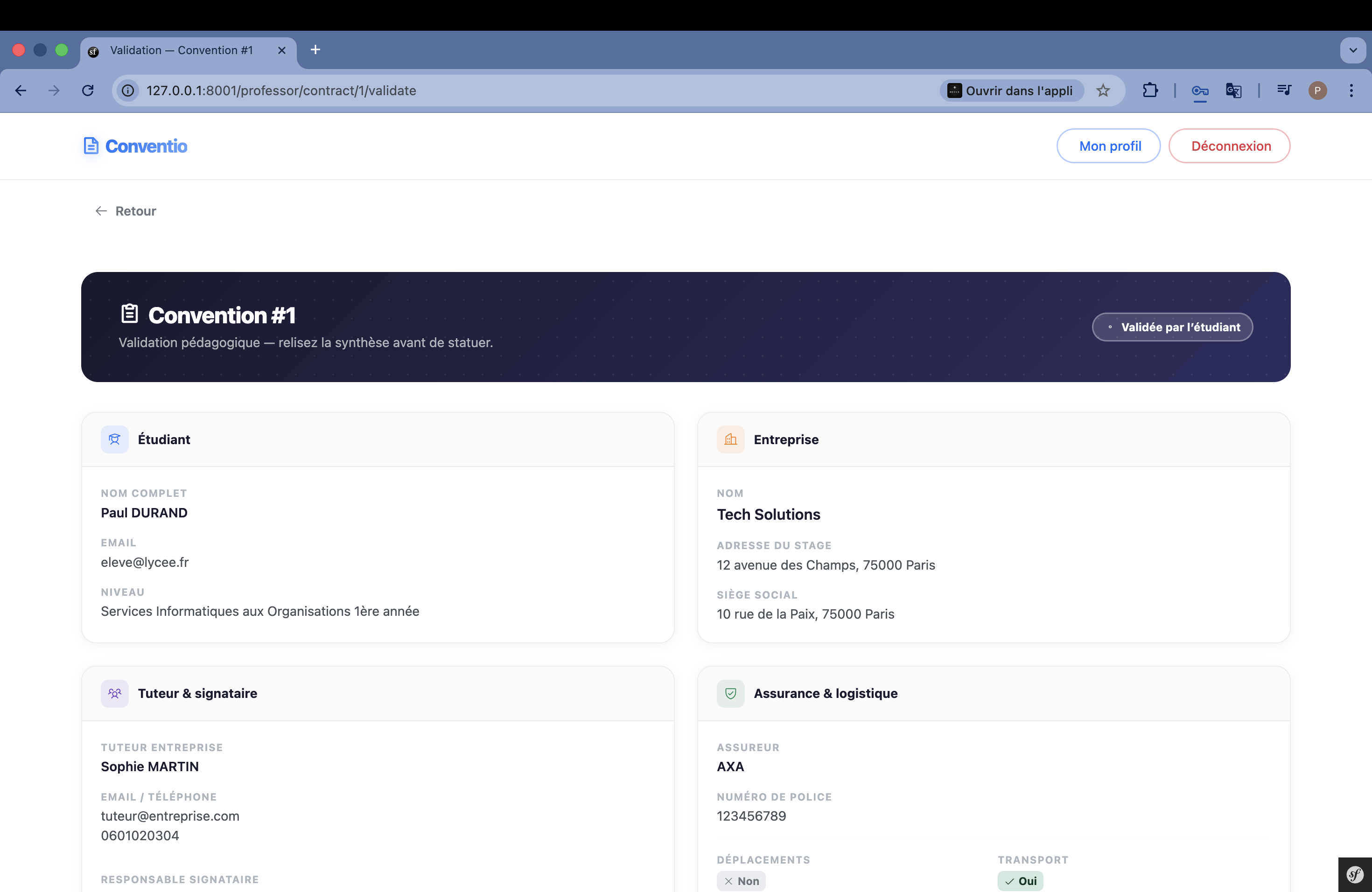 Vue professeur — conventions étudiants