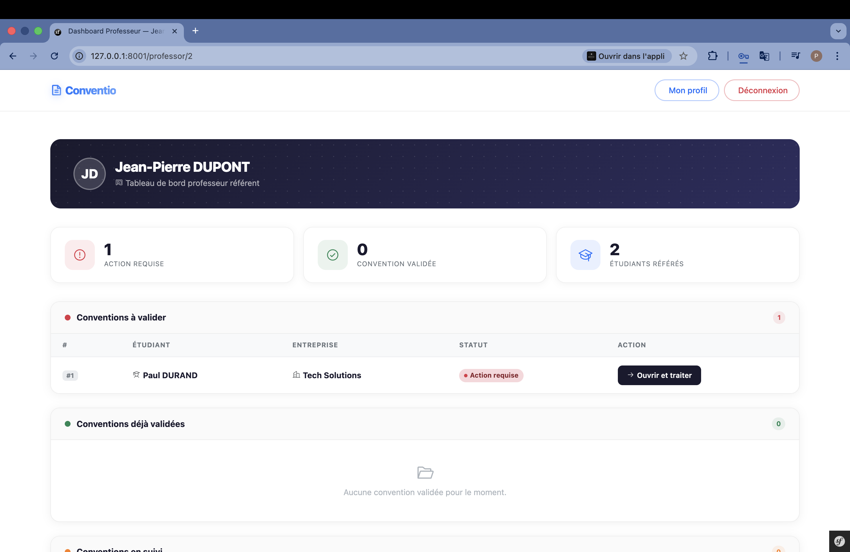 Vue professeur — tableau de bord
