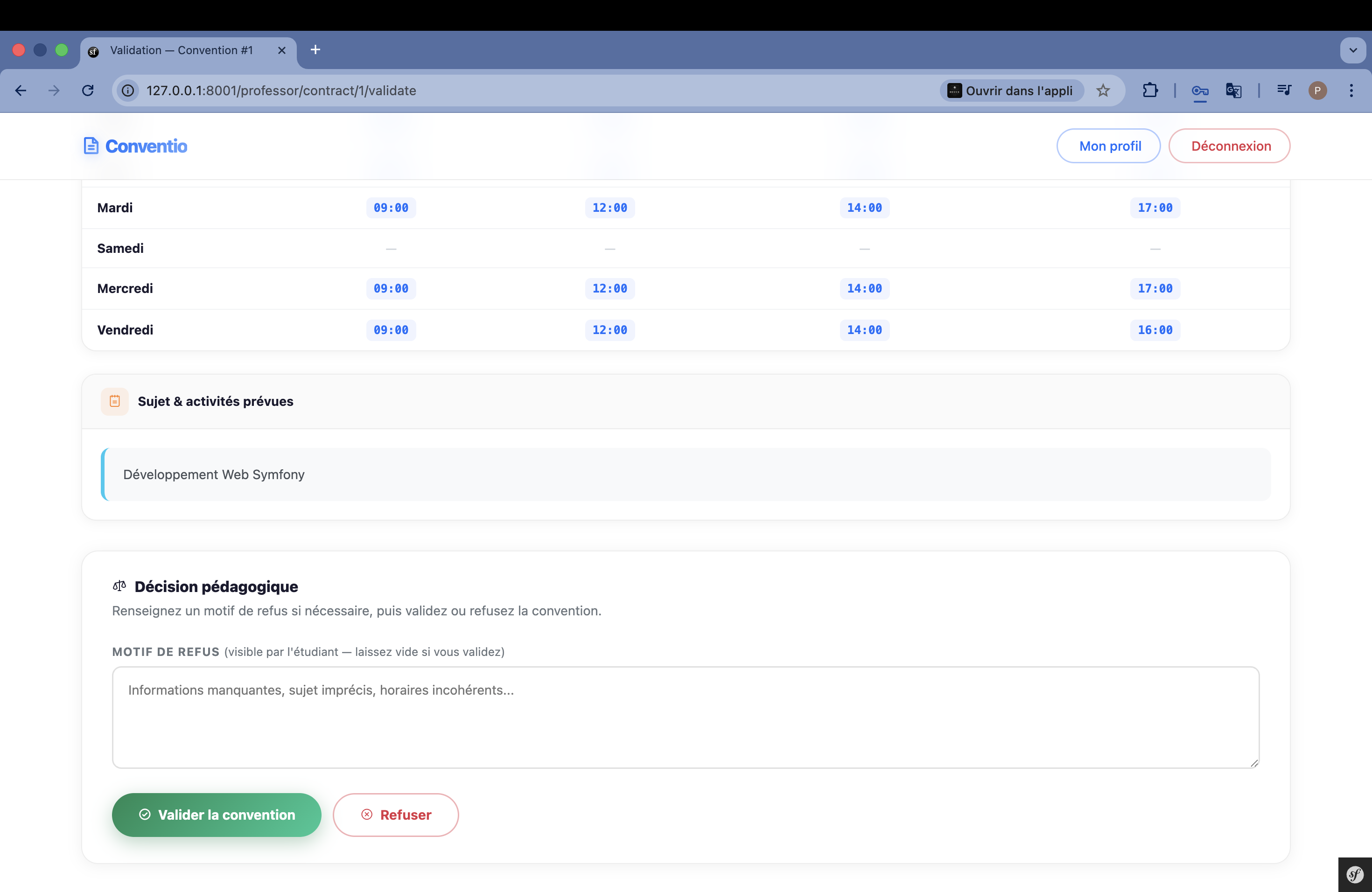Vue professeur — valider convention