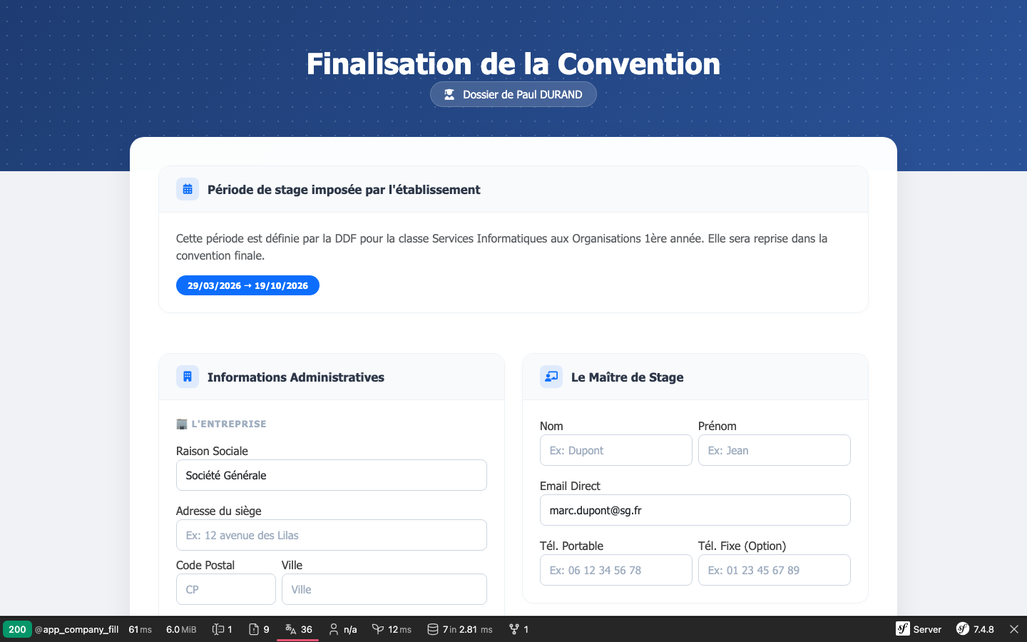 Vue tuteur — formulaire entreprise